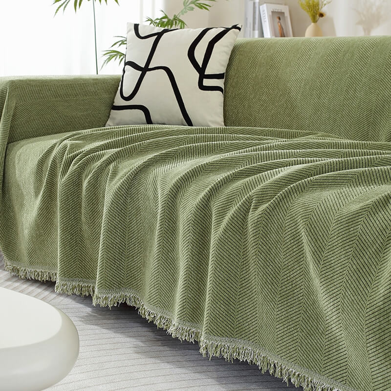 Cozy Chenille Herringbone Blanket Tassel Couch Cover