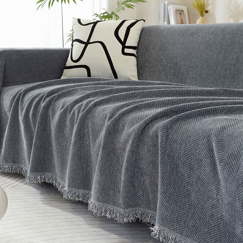 Cozy Chenille Herringbone Blanket Tassel Couch Cover