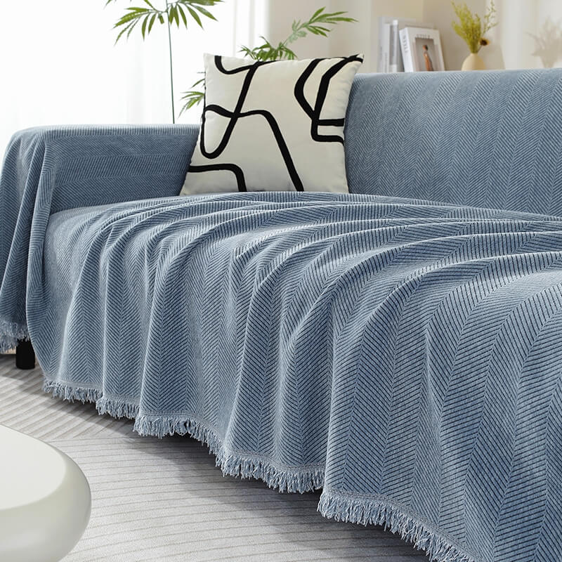 Cozy Chenille Herringbone Blanket Tassel Couch Cover