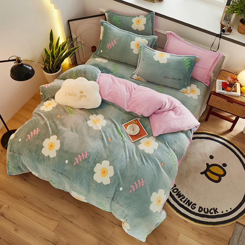 Thick Fleece Warm Flannel Winter Duvet Cover Set